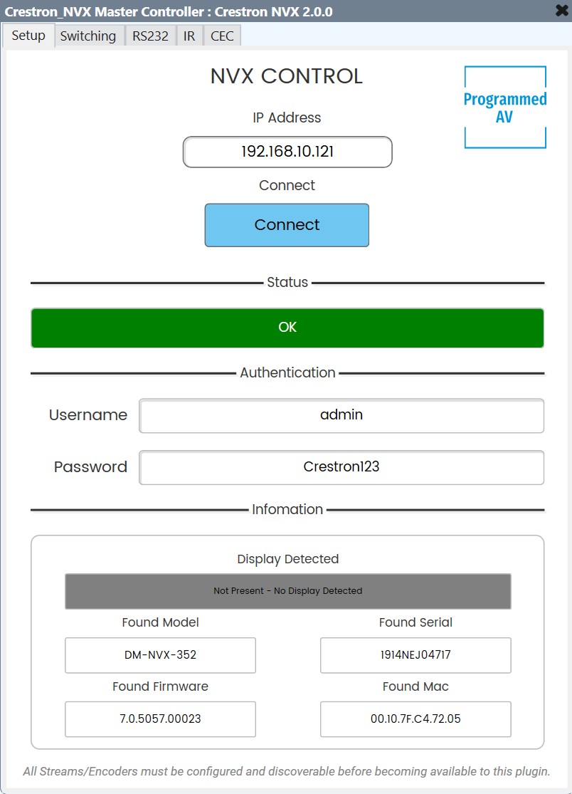 Crestron NVX plugin interface